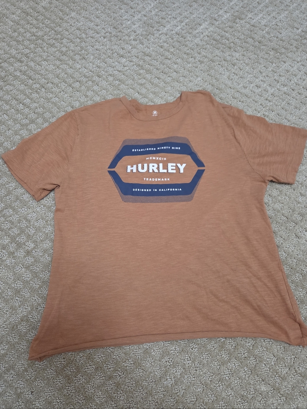 (S) Hurley Cropped Rust Orange Logo Tee with Navy Accents
